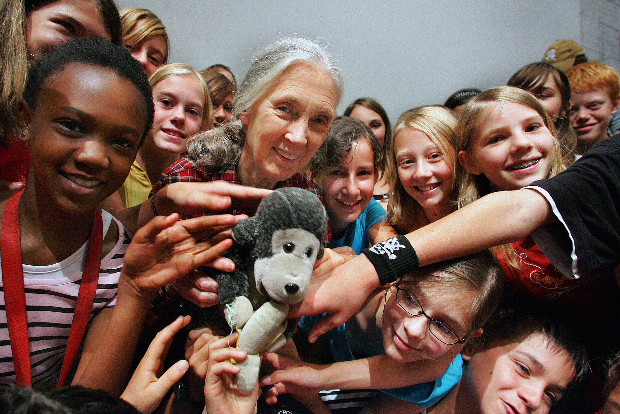 Dr. Jane Goodall with a group of Roots & Shoots members in Salzburg, Austria