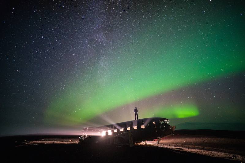 Standing under the northern lights on Sólheimasandur beach, Iceland, 2014 SKOGAFOSS WATERFALL