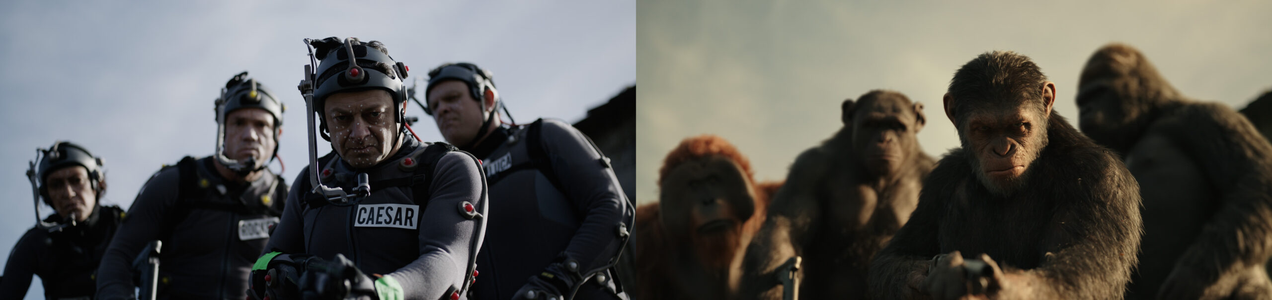 L-r, Karin Konoval, Terry Notary, Andy Serkis and Michael Adamthwaite on the set of Twentieth Century Fox's "War for the Planet of the Apes."