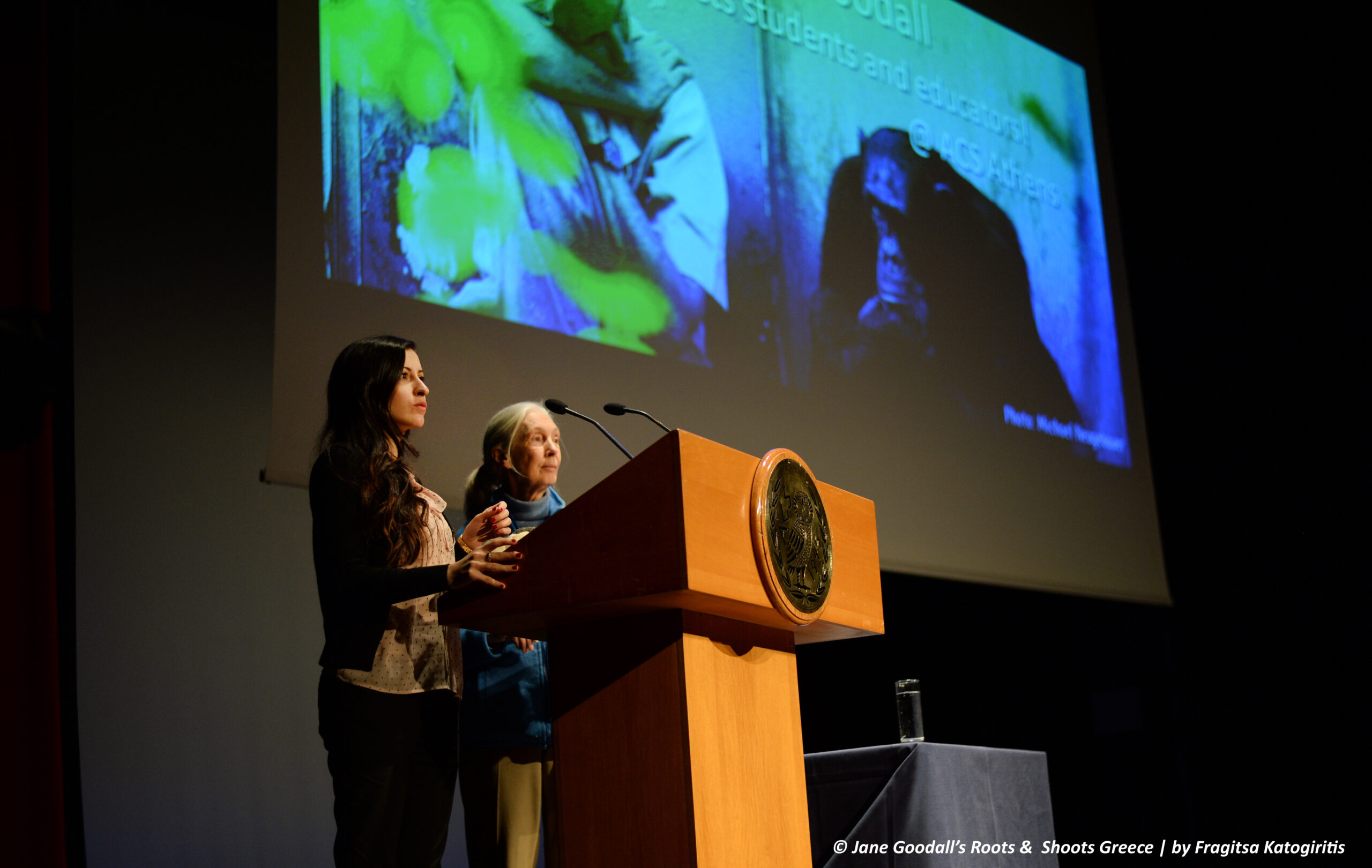 Dr. Jane Goodall and Anna Katogiritis- coordinator of R&S Greece- during the R&S day at ACS in Athens Greece on December 16th 2016 copy