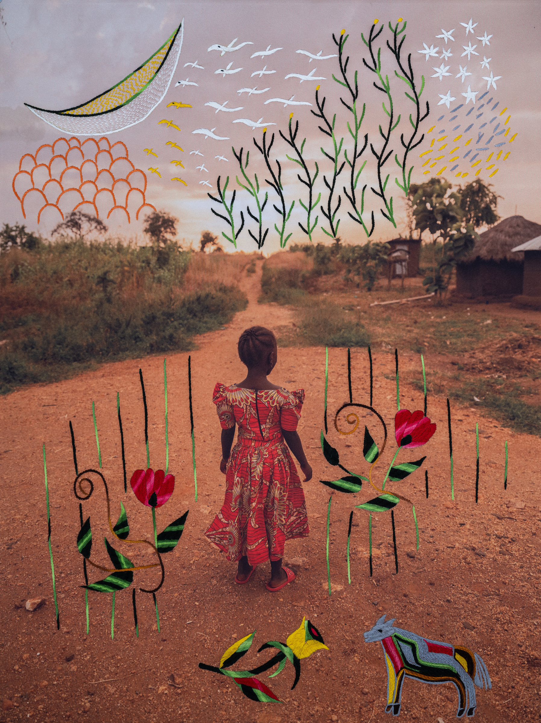 A photo of a young girl with dark skin and short, black hair walking down a path. Around her are colorful, overlaid drawings of plants and other elements from nature.