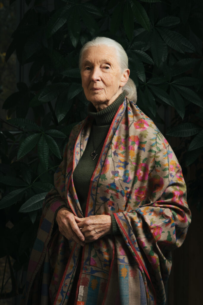 A mature woman with a white ponytail (Jane Goodall) wearing a multicolored shawl posing with a poised expression.