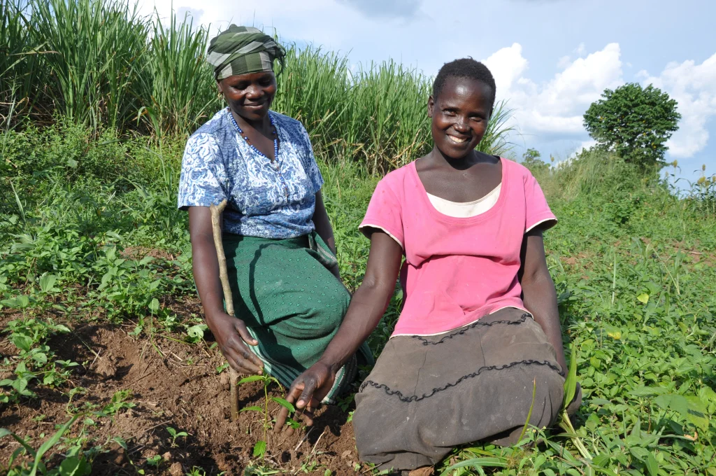 Two feminine people of dark complexion sitting in a field.