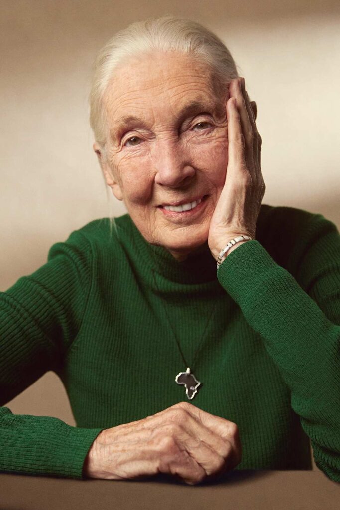 A woman with grey hair and a green sweater smiling and resting her head on her hand.]