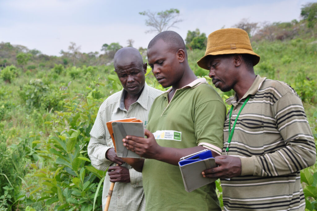 A photo of three young, masculine people with dark skin and shaved heads standing outside and looking at a tablet.