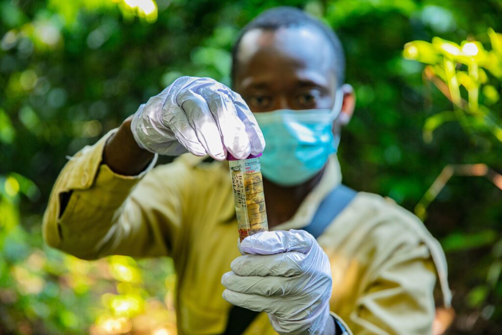 A photo of a young, masculine person with dark skin and short, curly, black hair standing in a forest and holding up a vial filled with a sample of chimpanzee scat.