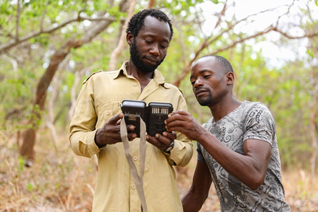 A photo of a young, masculine person with dark skin and short, curly, black hair standing outside next to a young, masculine person with dark skin and a buzzcut as they examine a camera trap.