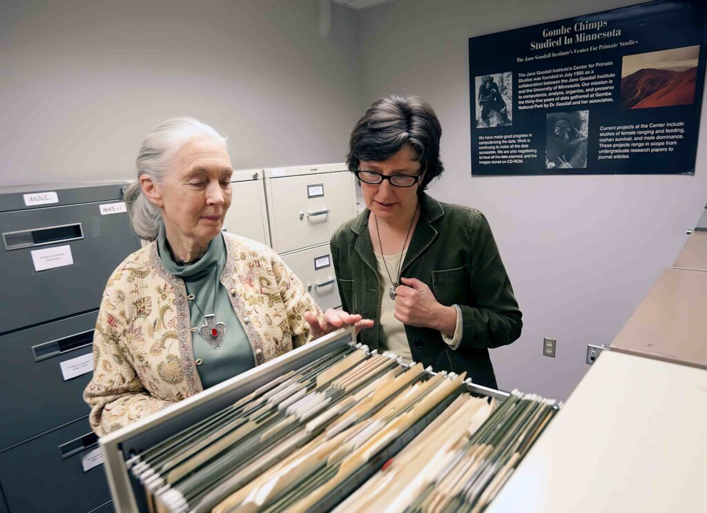 A photo of an elderly, feminine person with light skin and white hair in a ponytail (Dr. Jane Goodall) standing in a room of filing cabinets and looking through files with a middle-aged, feminine person with light skin and short, grey hair.