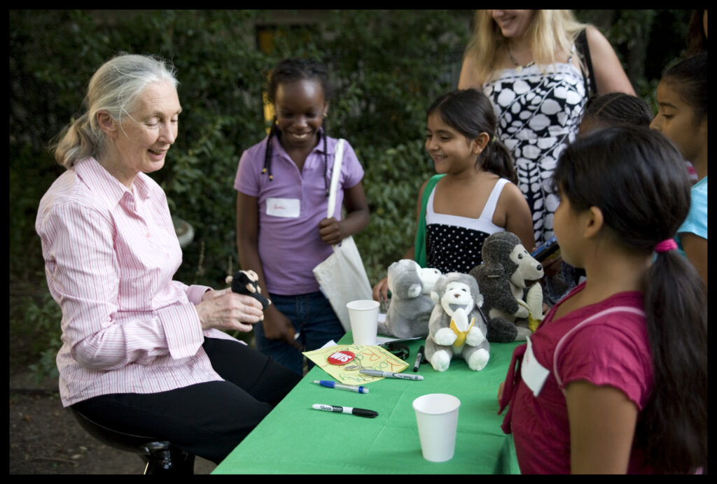 A photo of an elderly, feminine person with light skin and white hair in a ponytail (Dr. Jane Goodall) sitting at a green table and speaking to a group of kids and adults of varying appearances.