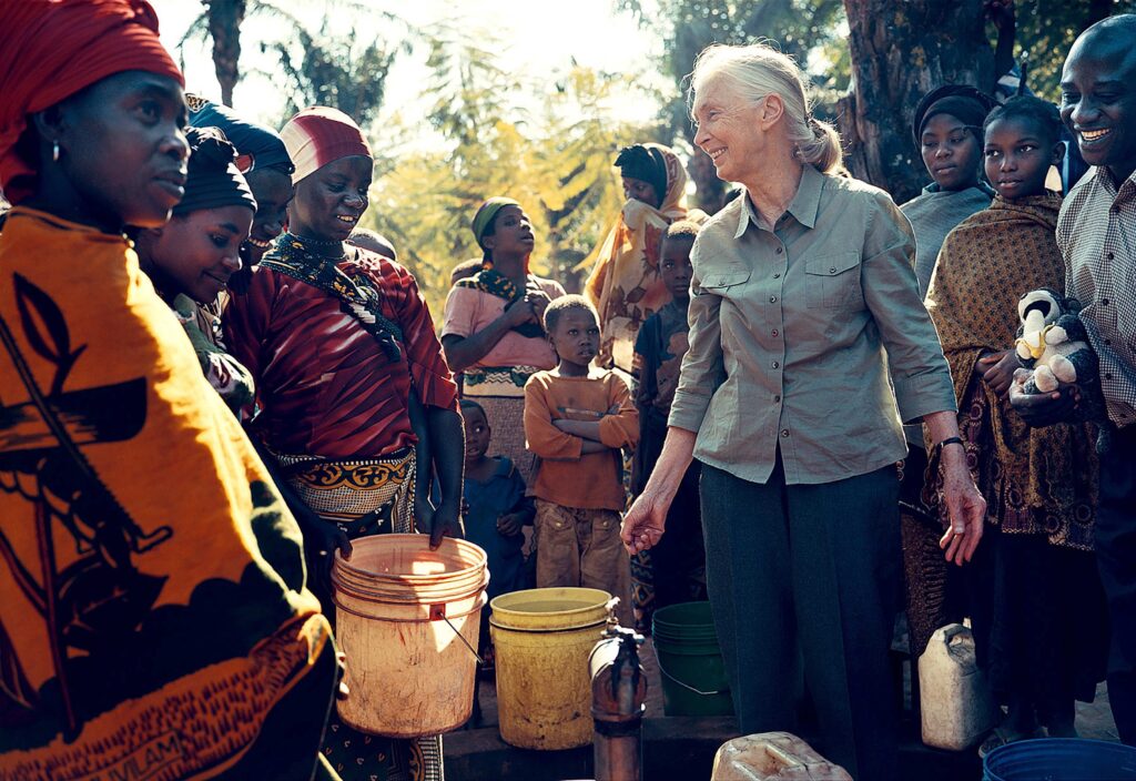 A photo of an elderly, feminine person with light skin and white hair in a ponytail (Dr. Jane Goodall) standing outside in the middle of a group of people dressed in colorful clothing.