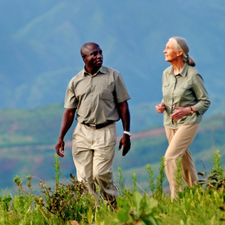 A man of dark complexion walks next to a woman with a grey ponytail (JaneGoodall) on a hillside in Gombe National Park.