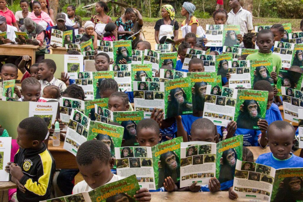 A photo of a crowd of children with dark skin and short, curly, black hair all sitting outside and reading information about chimpanzees.