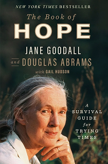 A book cover that reads "The Book of Hope" with a woman with a grey ponytail (Jane Goodall).