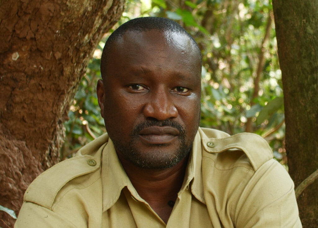 Dr. Deus Mjungu wearing a yellow field shirt in Gombe National Park.