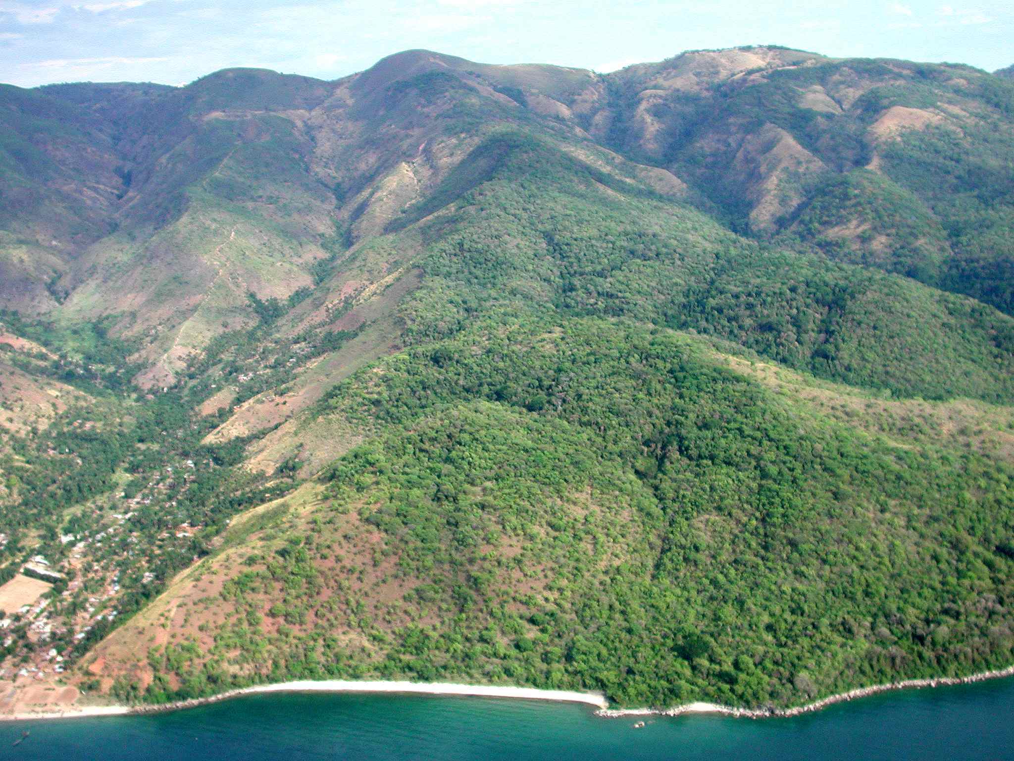 A photo of a forested hillscape next to bright blue water.