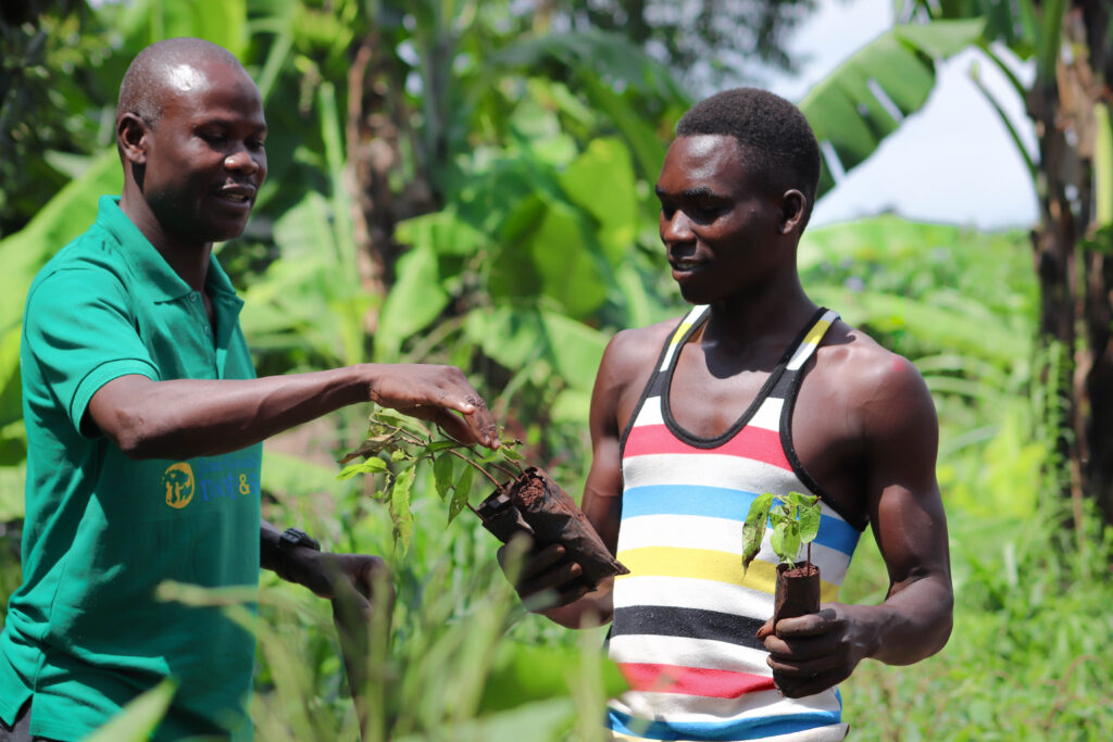 A photo of a young, masculine person with dark skin and a bald head standing outside and handing a small seedling to a young, masculine person with dark skin and black hair in a buzzcut.