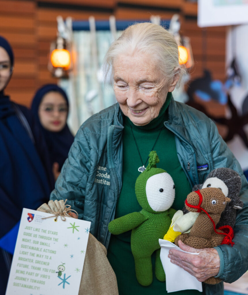 A photo of an elderly, feminine person with light skin and white hair in a ponytail (Dr. Jane Goodall) holding a gift and various plushies.