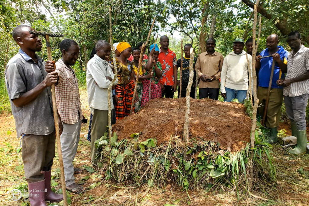 A photo of about fifteen people of varying appearances standing outside around a compost pile.