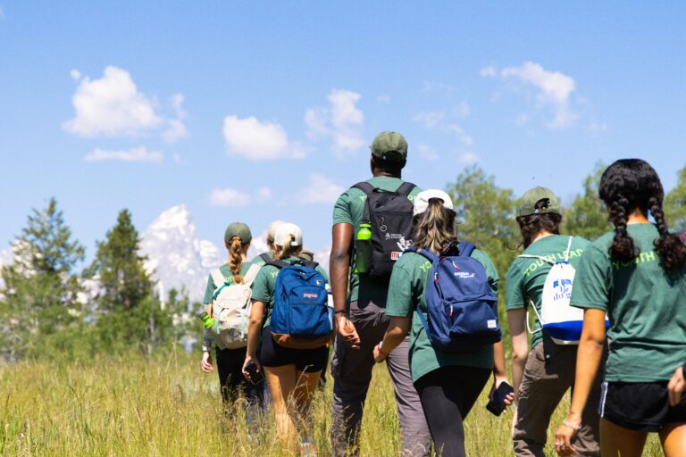A photo of a group of seven young adults in matching "Youth Leader" shirts walking through tall grasses towards a line of trees.